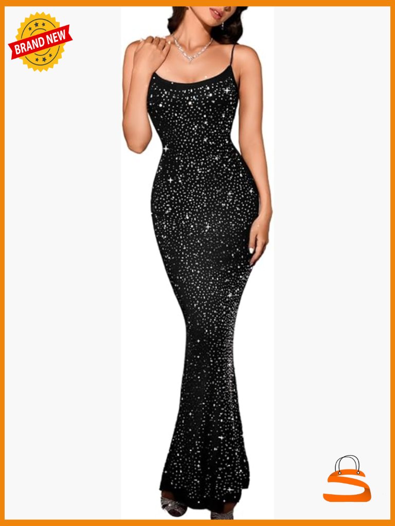 Rhinestone Sheer Mesh Maxi Dress Bodycon Party Cocktail Sleeveless Spaghetti